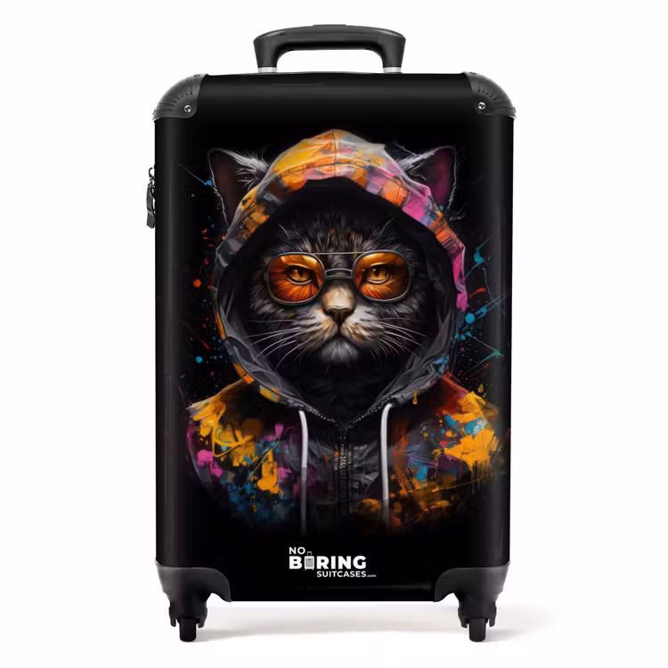 Koffer - Katze mit bunter Weste und orangefarbener Brille — 1