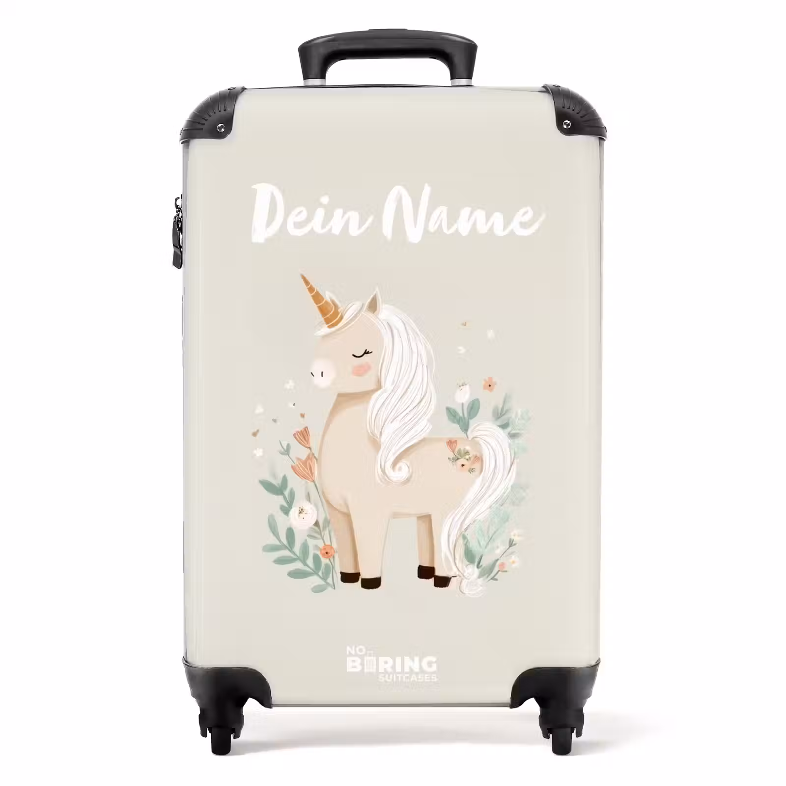 Koffer mit Name - Einhorn zwischen Blumen in Beigetönen — 1