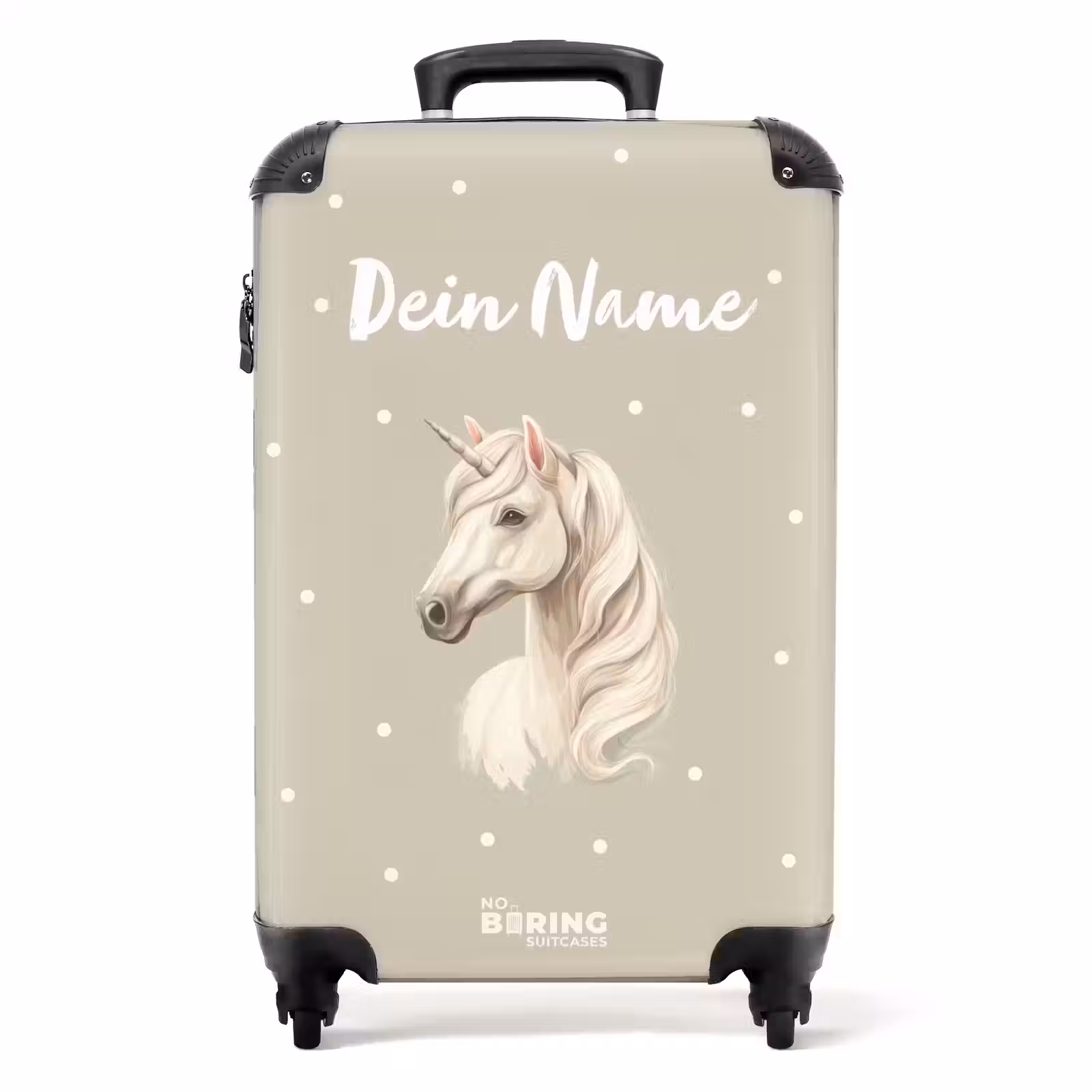 Koffer mit Name - Einhorn umgeben von Polka Dots in neutralen Farben — 1