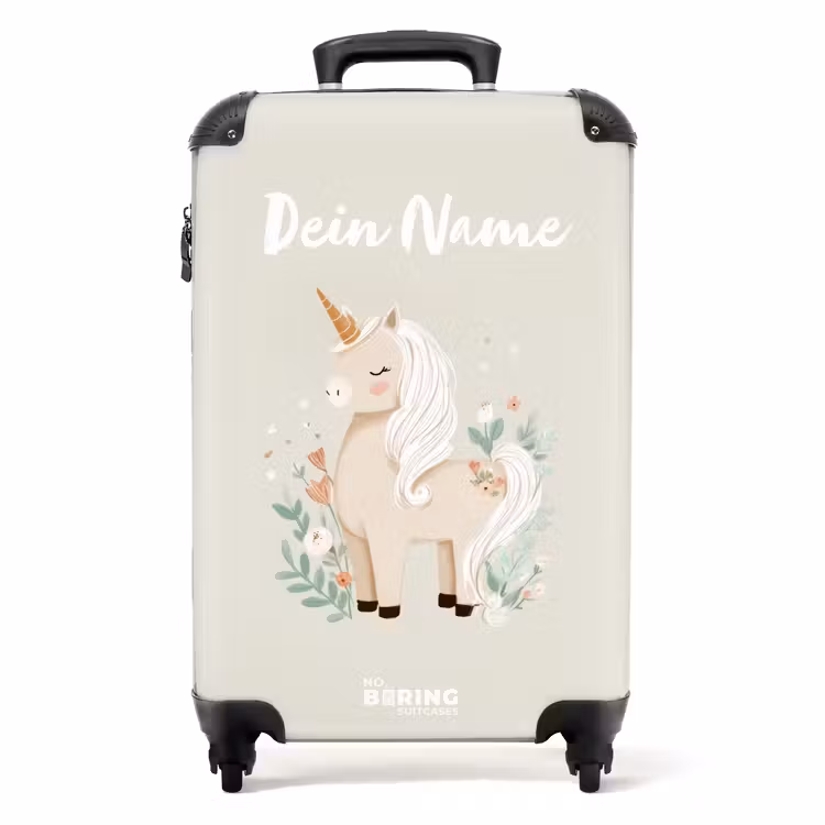 Koffer mit Name - Einhorn zwischen Blumen in Beigetönen — 1