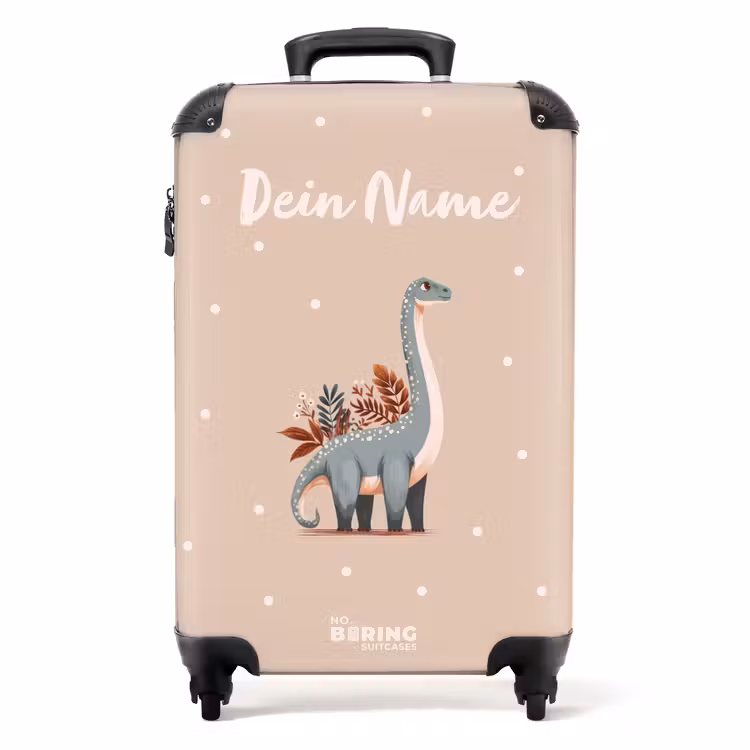 Koffer mit Name - Blauer Dinosaurier auf beigefarbenem Tupfenhintergrund — 1