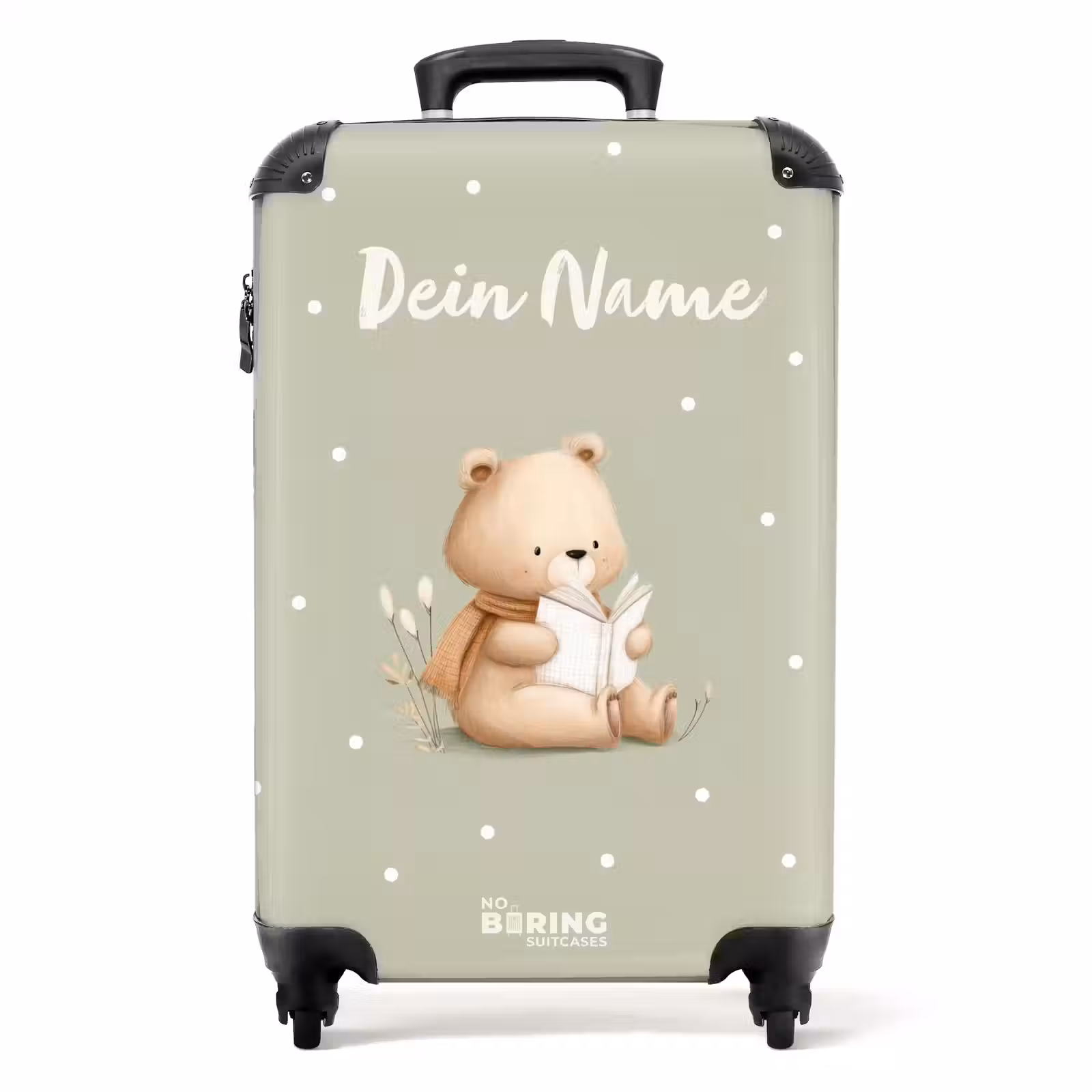 Koffer mit Name - Braunbär liest ein Buch auf Grün — 1