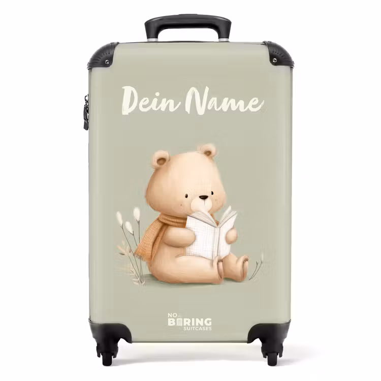 Koffer mit Name - Braunbär mit einem Buch auf Grün — 1