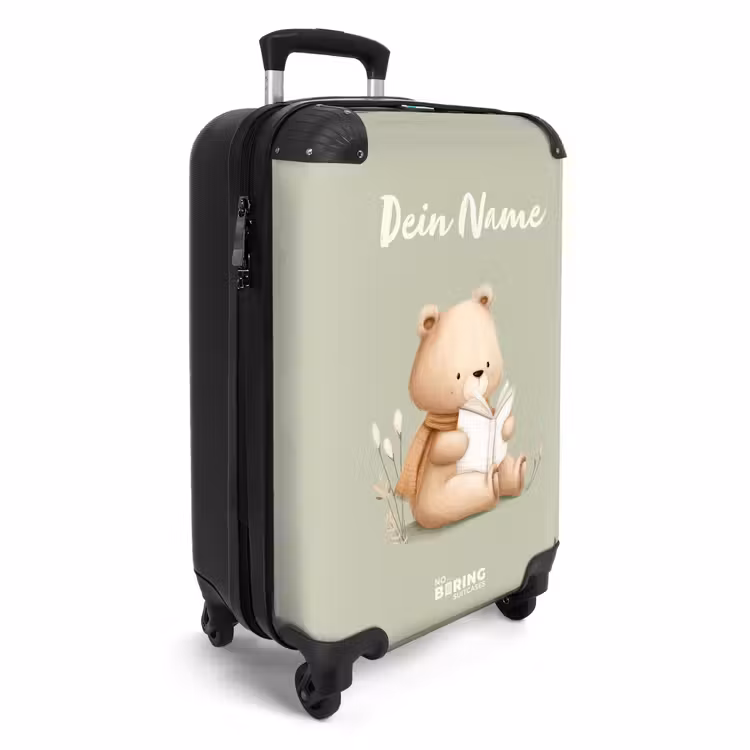 Koffer mit Name - Braunbär mit einem Buch auf Grün — 2