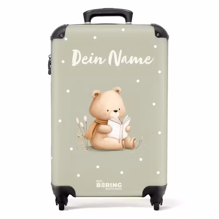 Koffer mit Name - Braunbär liest ein Buch auf Grün — 1