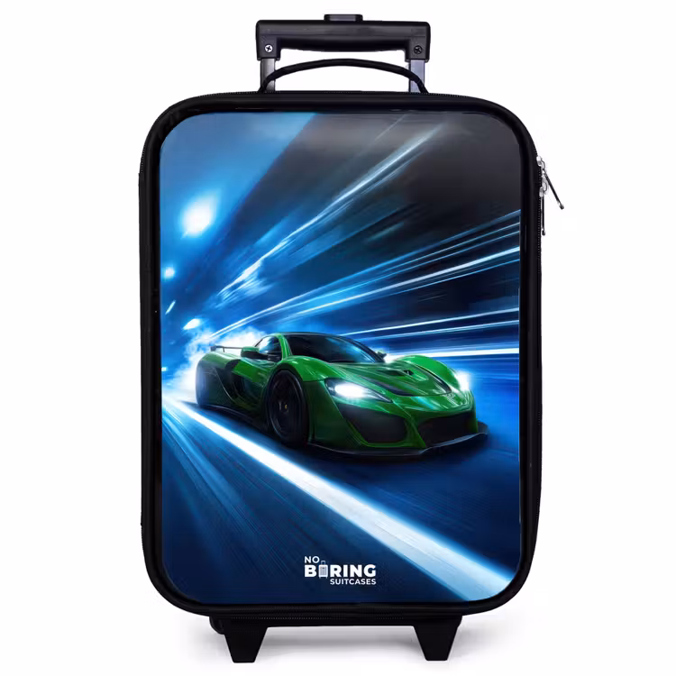 Kinderkoffer - Grünes Superauto blinkt durch Neonlichter — 1