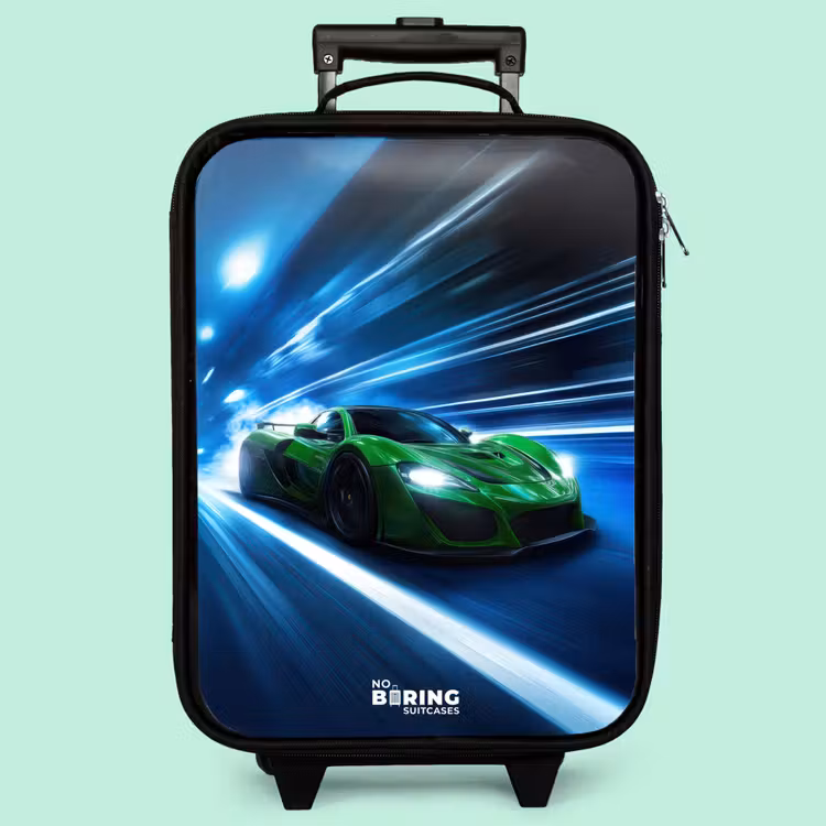 Kinderkoffer - Grünes Superauto blinkt durch Neonlichter — 3