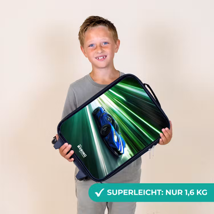 Kinderkoffer - Blauer Rennwagen mit Streifen in grünem Tunnel — 2