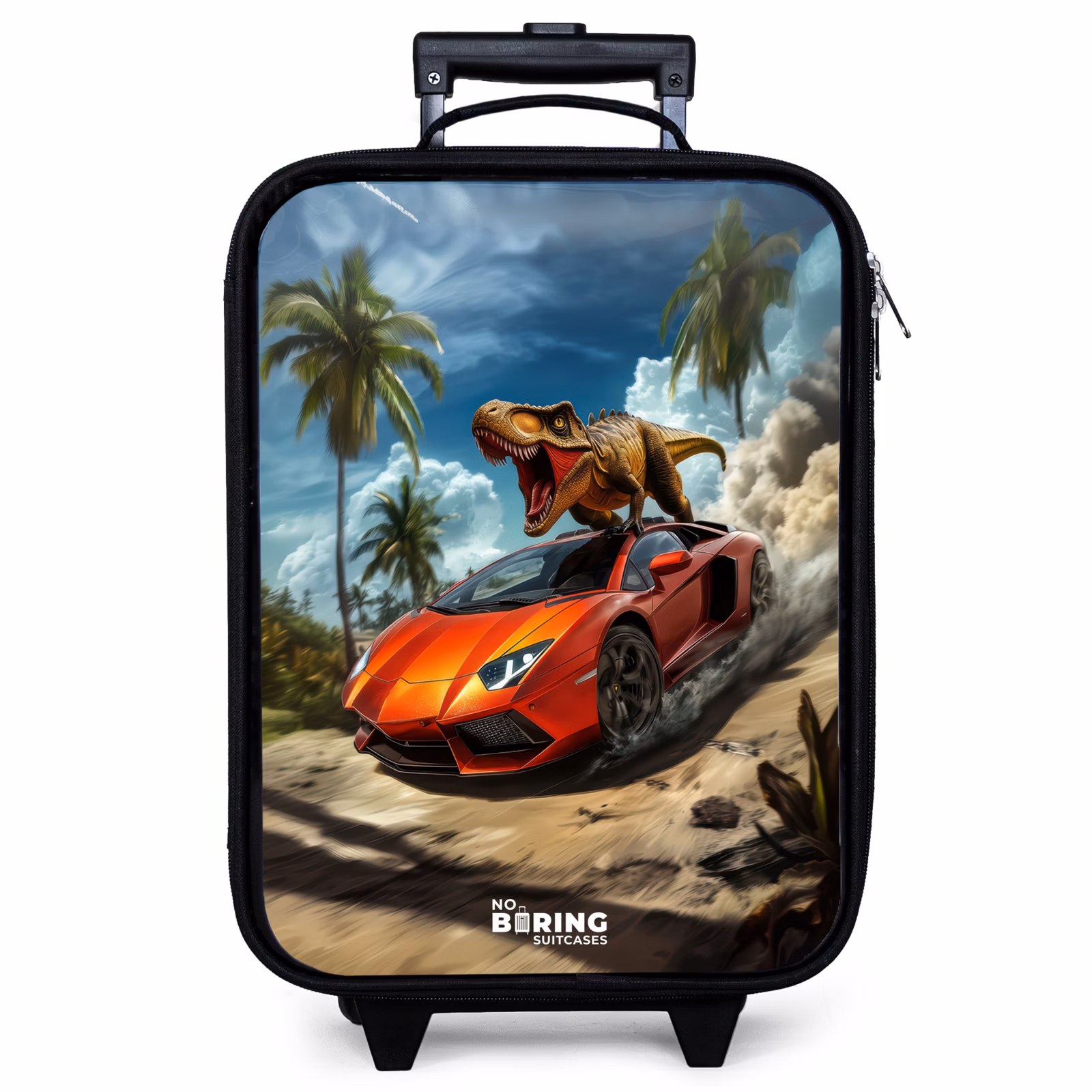 Kinderkoffer - Roter Sportwagen mit Dino rast durch tropischen Strand — 1