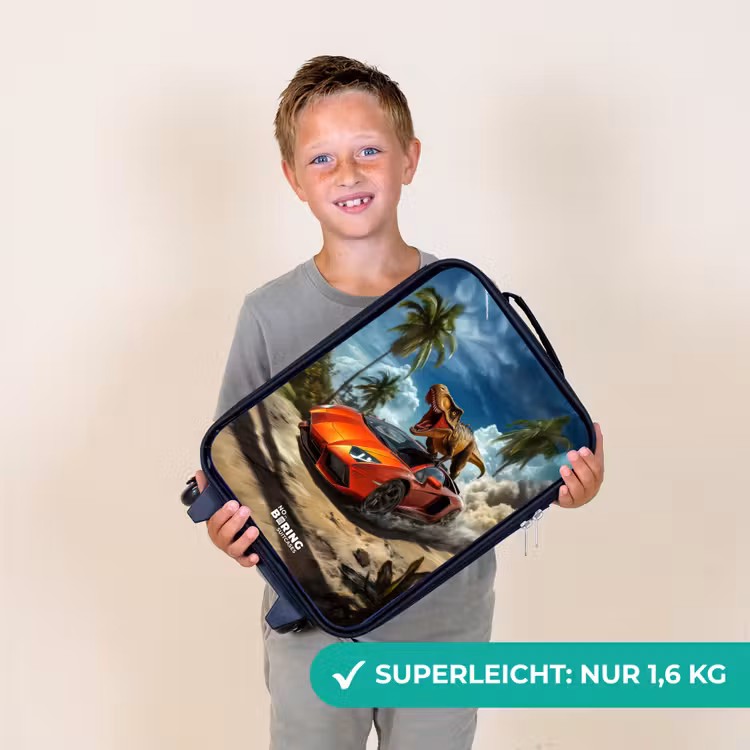 Kinderkoffer - Roter Sportwagen mit Dino rast durch tropischen Strand — 2