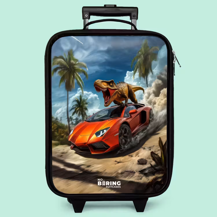 Kinderkoffer - Roter Sportwagen mit Dino rast durch tropischen Strand — 3