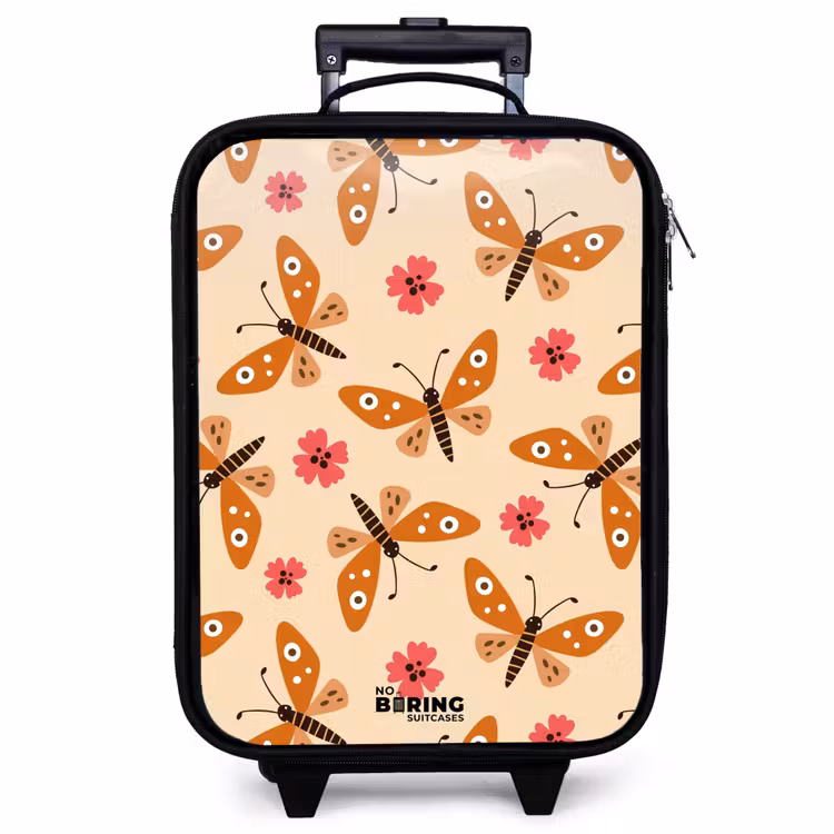 Kinderkoffer - Orangefarbene Schmetterlinge und rosa Blumen auf beigem Hintergrund — 1