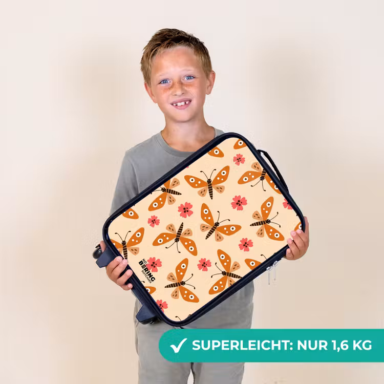 Kinderkoffer - Orangefarbene Schmetterlinge und rosa Blumen auf beigem Hintergrund — 2