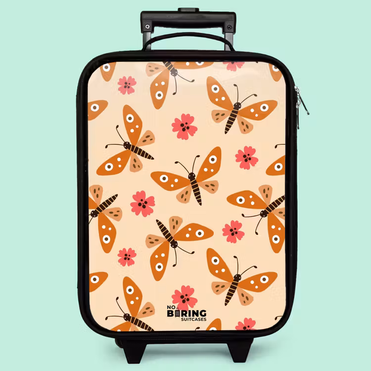 Kinderkoffer - Orangefarbene Schmetterlinge und rosa Blumen auf beigem Hintergrund — 3