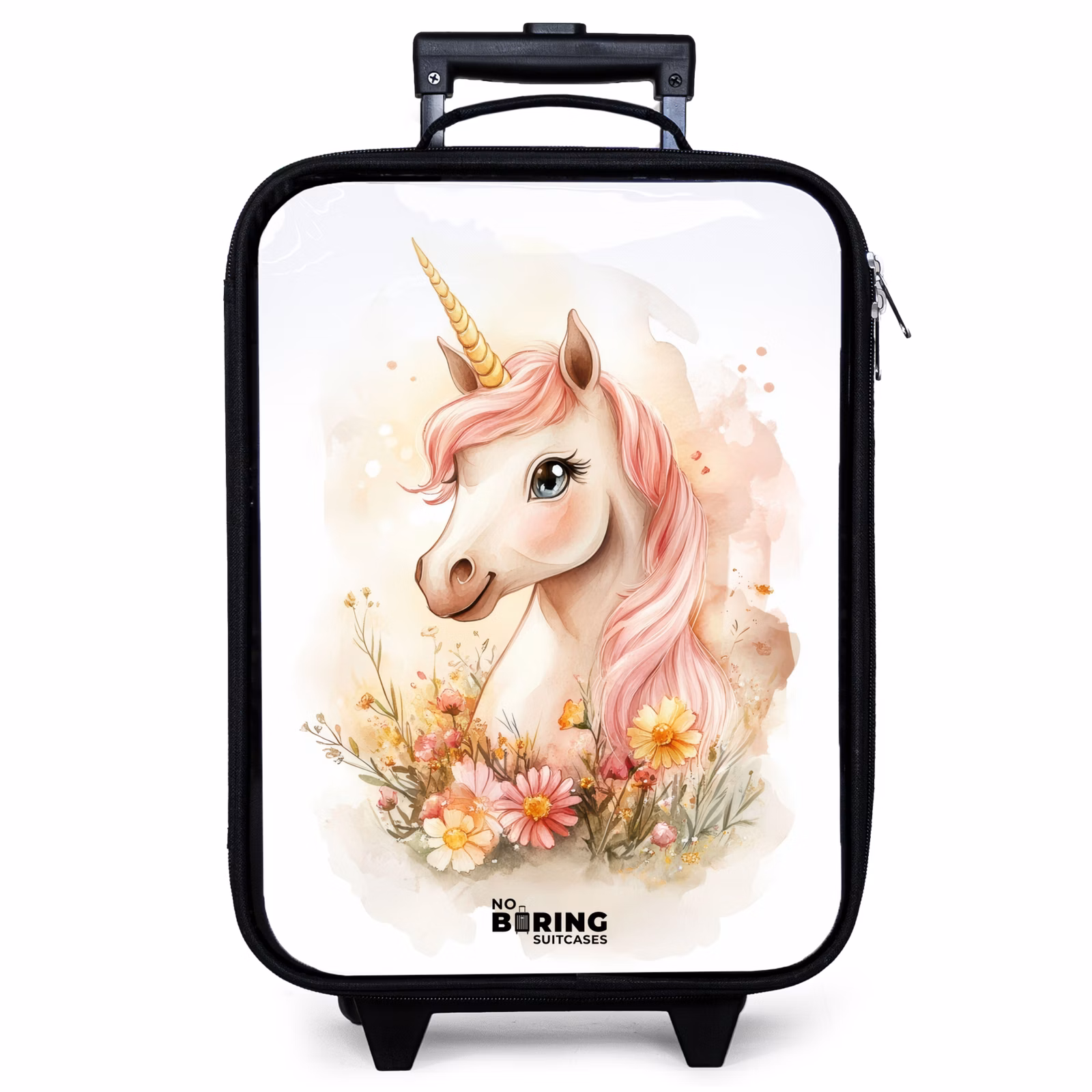 Kinderkoffer - Einhorn mit rosa Mähne zwischen pastellfarbenen Blumen — 1