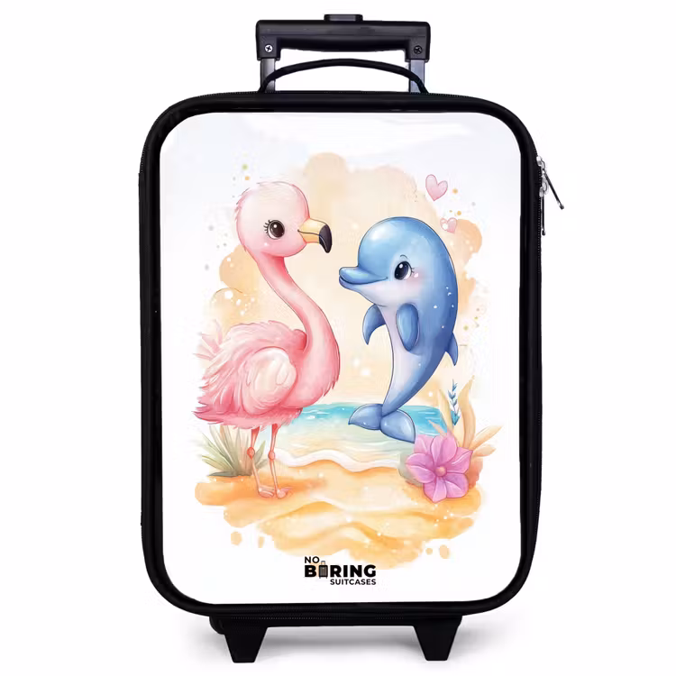 Kinderkoffer - Rosa Flamingo und blauer Delfin am Strand — 1