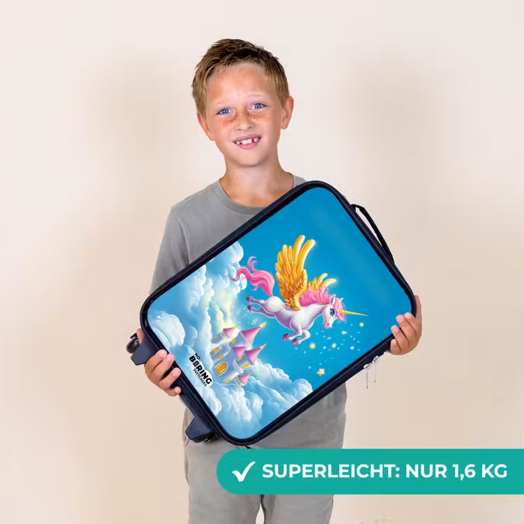 Kinderkoffer - Fliegendes Einhorn mit goldenen Flügeln über dem Schloss — 2