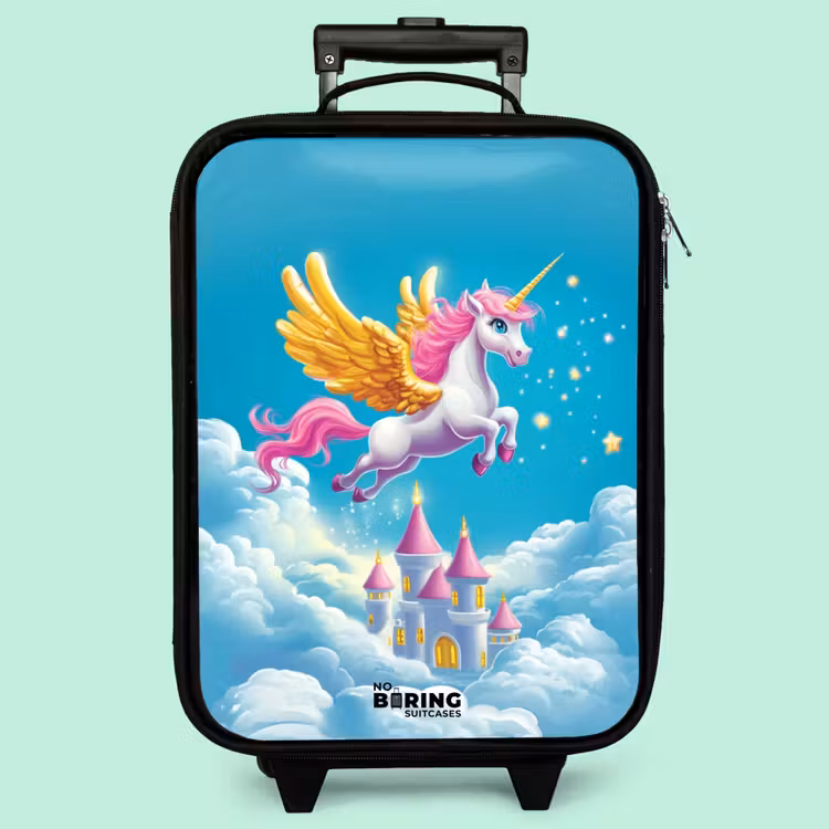 Kinderkoffer - Fliegendes Einhorn mit goldenen Flügeln über dem Schloss — 3