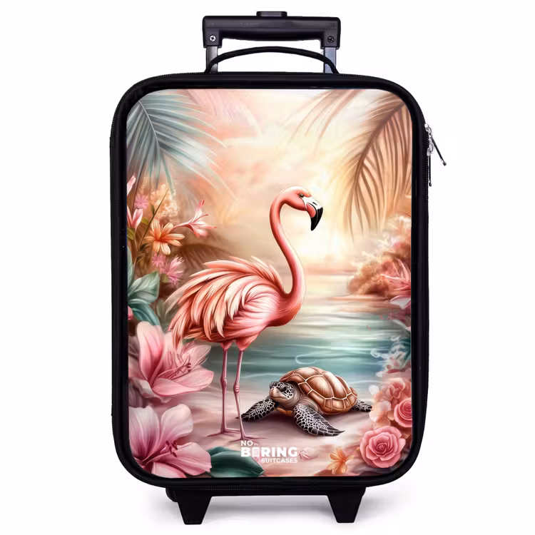 Kinderkoffer - Flamingo und Schildkröte an einem rosa Strand. — 1