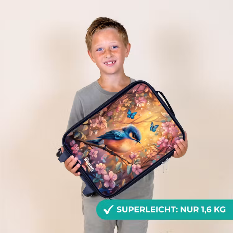 Kinderkoffer - Vogel mit Schmetterlingen im bunten Wald. — 2