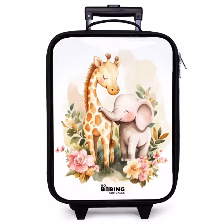 Kinderkoffer - Giraffe und Elefant zwischen Blumen auf weißem Hintergrund — 1