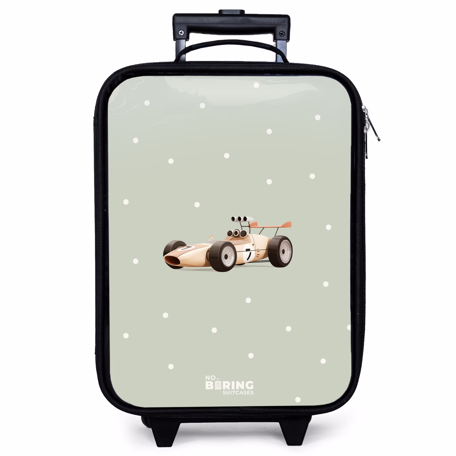 Kinderkoffer - Beigefarbenes Retro-Rennauto auf grünem Polka-Dot-Hintergrund — 1