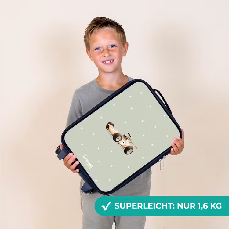 Kinderkoffer - Beigefarbenes Retro-Rennauto auf grünem Polka-Dot-Hintergrund — 2