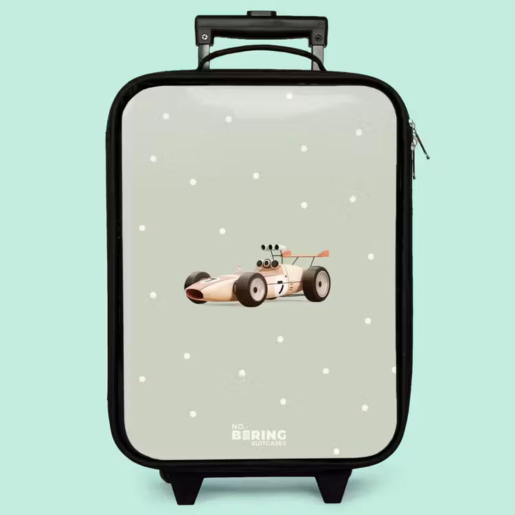 Kinderkoffer - Beigefarbenes Retro-Rennauto auf grünem Polka-Dot-Hintergrund — 3