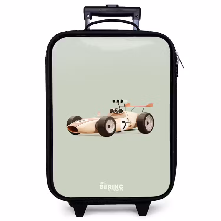 Kinderkoffer - Beige Retro-Rennwagen auf grünem Hintergrund — 1
