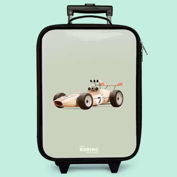 Kinderkoffer - Beige Retro-Rennwagen auf grünem Hintergrund — 3