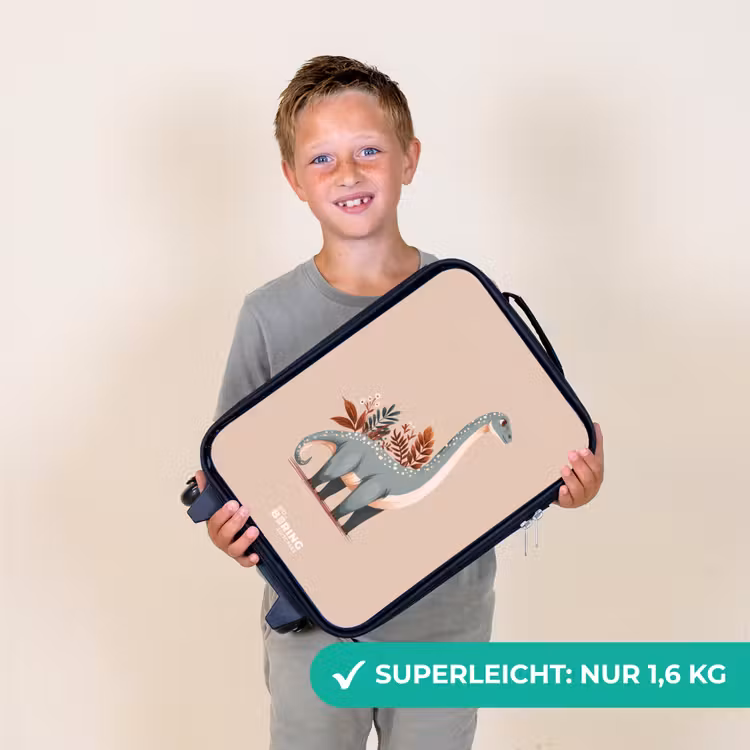 Kinderkoffer - Blauer Dinosaurier auf einem beigen Hintergrund — 2