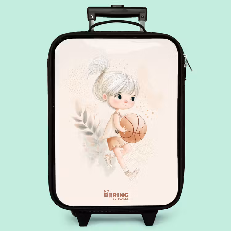 Kinderkoffer - Mädchen mit einem Basketball in neutralen Farben. — 3