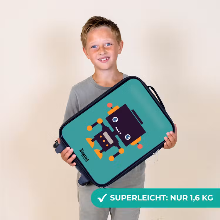 Kinderkoffer - Schwarzer Roboter mit orangefarbenen Akzenten auf blauem Hintergrund — 2