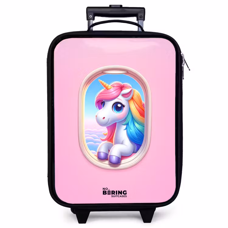 Kinderkoffer - Buntes Einhorn aus einem Flugzeugfenster — 1