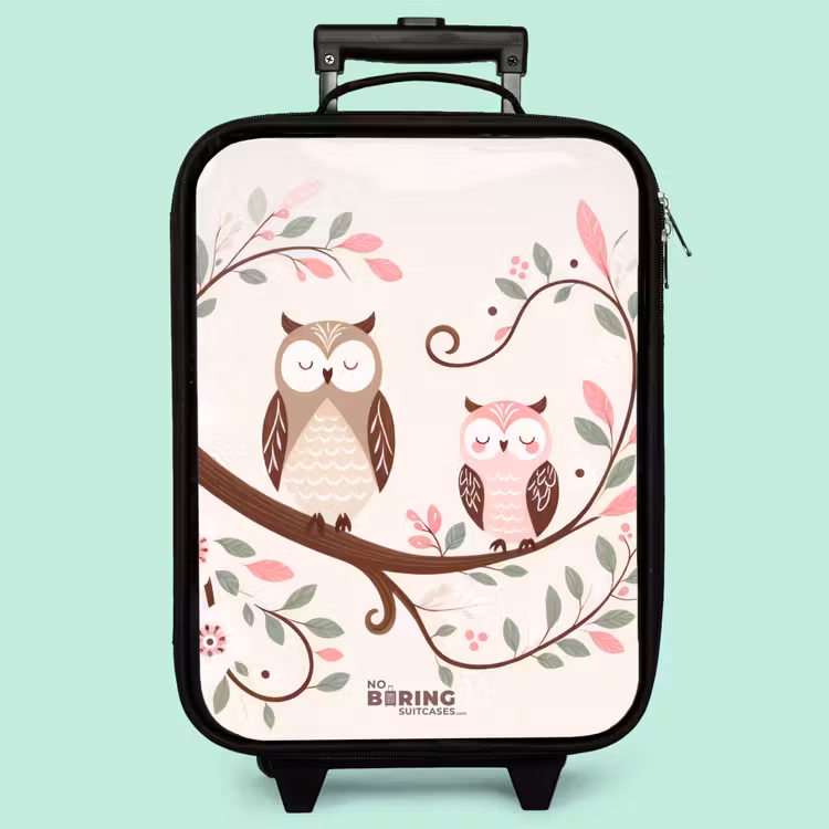 Kinderkoffer - Zwei Eulen auf einem Zweig mit rosa und grünen Blättern — 3