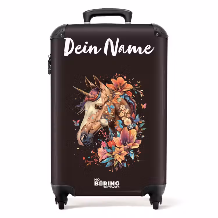 Koffer mit Name - Einhorn und Blumen auf schwarzem Hintergrund — 1