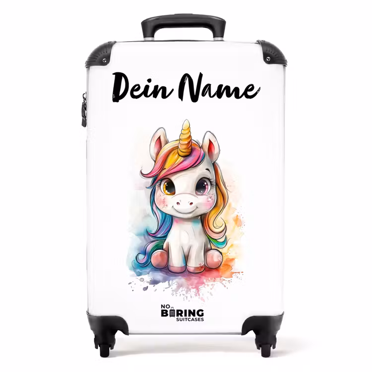 Koffer mit Name - Weißes Eemhorn mit bunter Mähne und Farbklecksen — 1