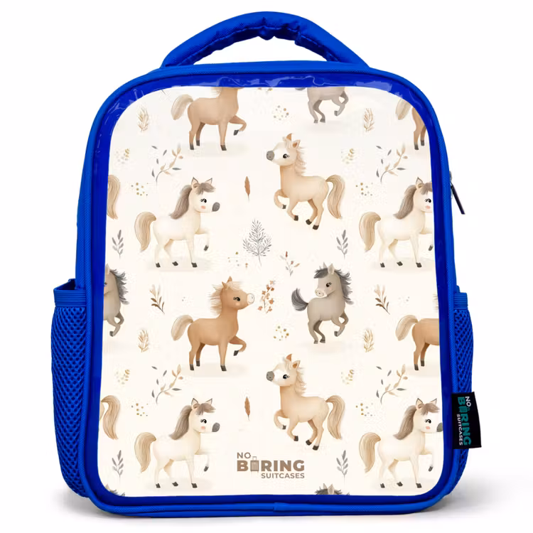 Kinderrucksack - Blau - Muster der Fohlen in den Farben beige und braun — 1