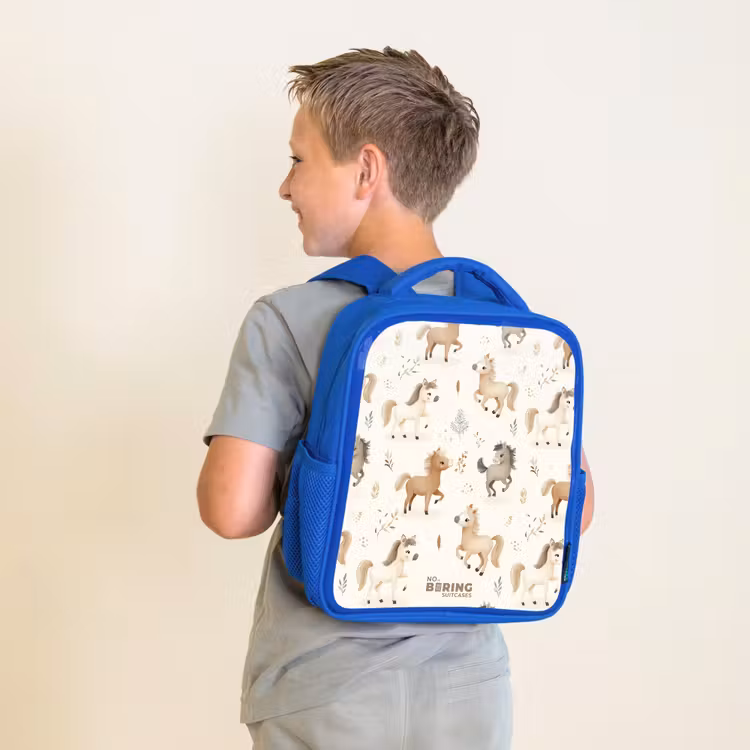 Kinderrucksack - Blau - Muster der Fohlen in den Farben beige und braun — 2