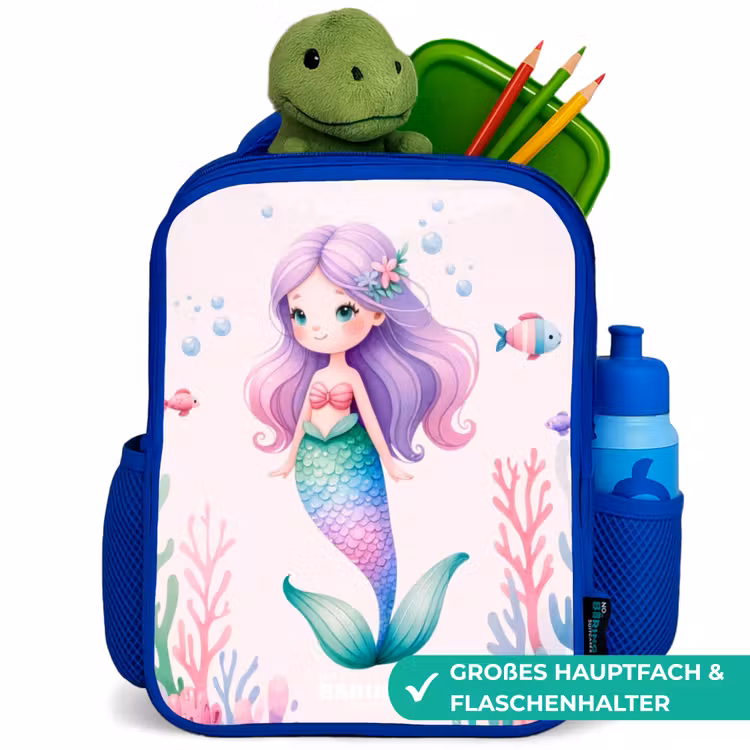 Kinderrucksack - Blau - Meerjungfrau umgeben von Fischen und Korallen — 3