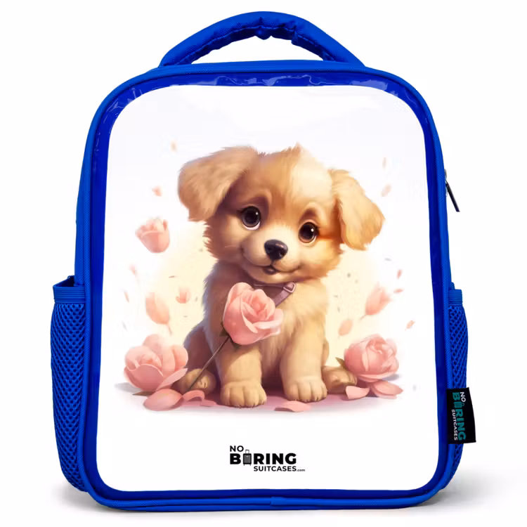 Kinderrucksack - Blau - Hündchen mit rosa Blumen — 1