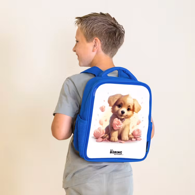 Kinderrucksack - Blau - Hündchen mit rosa Blumen — 2