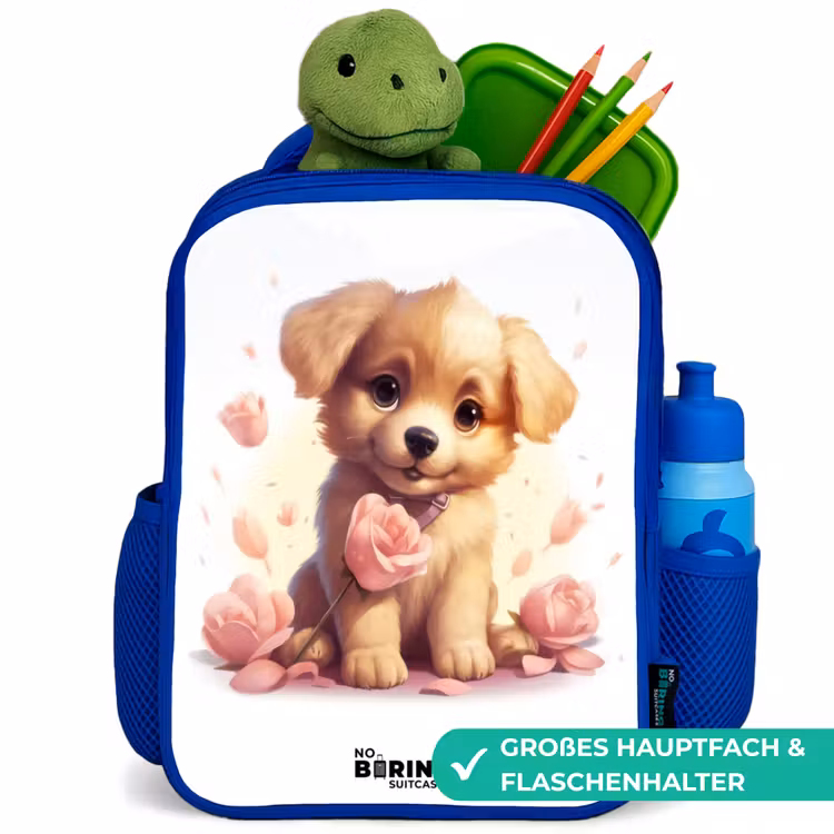 Kinderrucksack - Blau - Hündchen mit rosa Blumen — 3