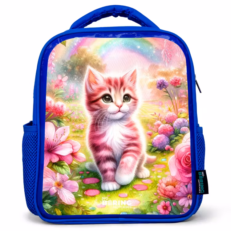 Kinderrucksack - Blau - Kätzchen mit Regenbogen und Blumen — 1