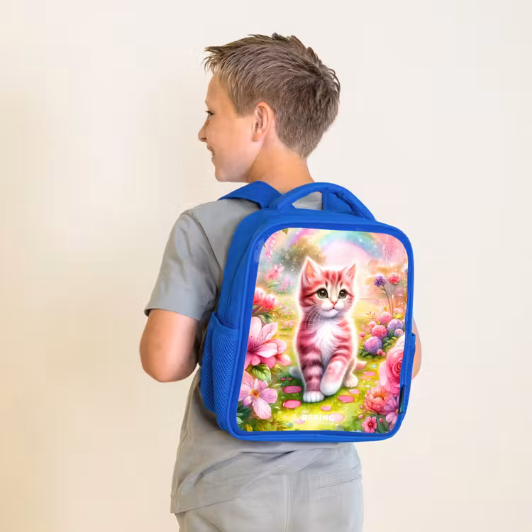 Kinderrucksack - Blau - Kätzchen mit Regenbogen und Blumen — 2
