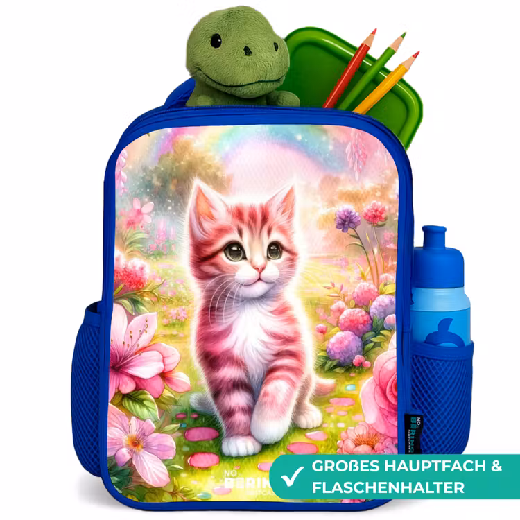 Kinderrucksack - Blau - Kätzchen mit Regenbogen und Blumen — 3