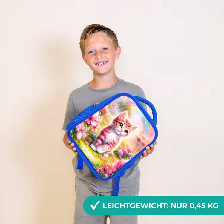 Kinderrucksack - Blau - Kätzchen mit Regenbogen und Blumen — 4