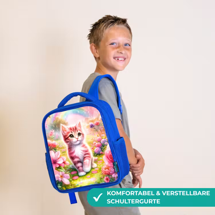 Kinderrucksack - Blau - Kätzchen mit Regenbogen und Blumen — 5