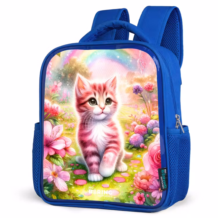 Kinderrucksack - Blau - Kätzchen mit Regenbogen und Blumen — 7