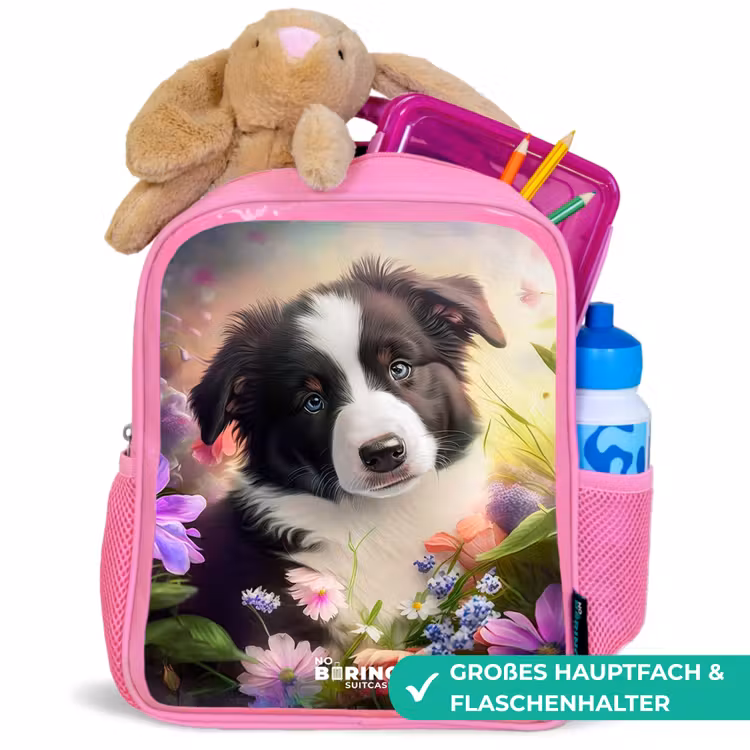 Rucksack Kind - Rosa - Blauäugiger Hund auf einem Feld — 3